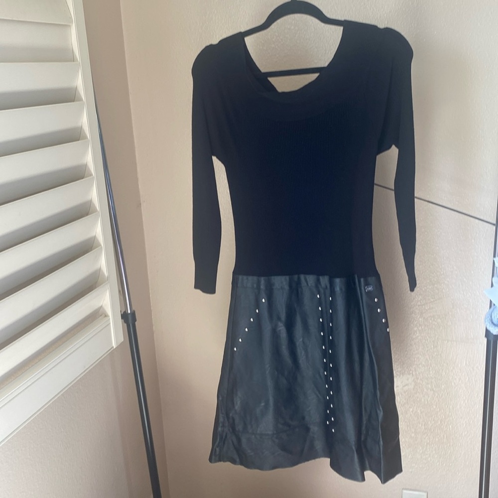 Black knit faux leather dress